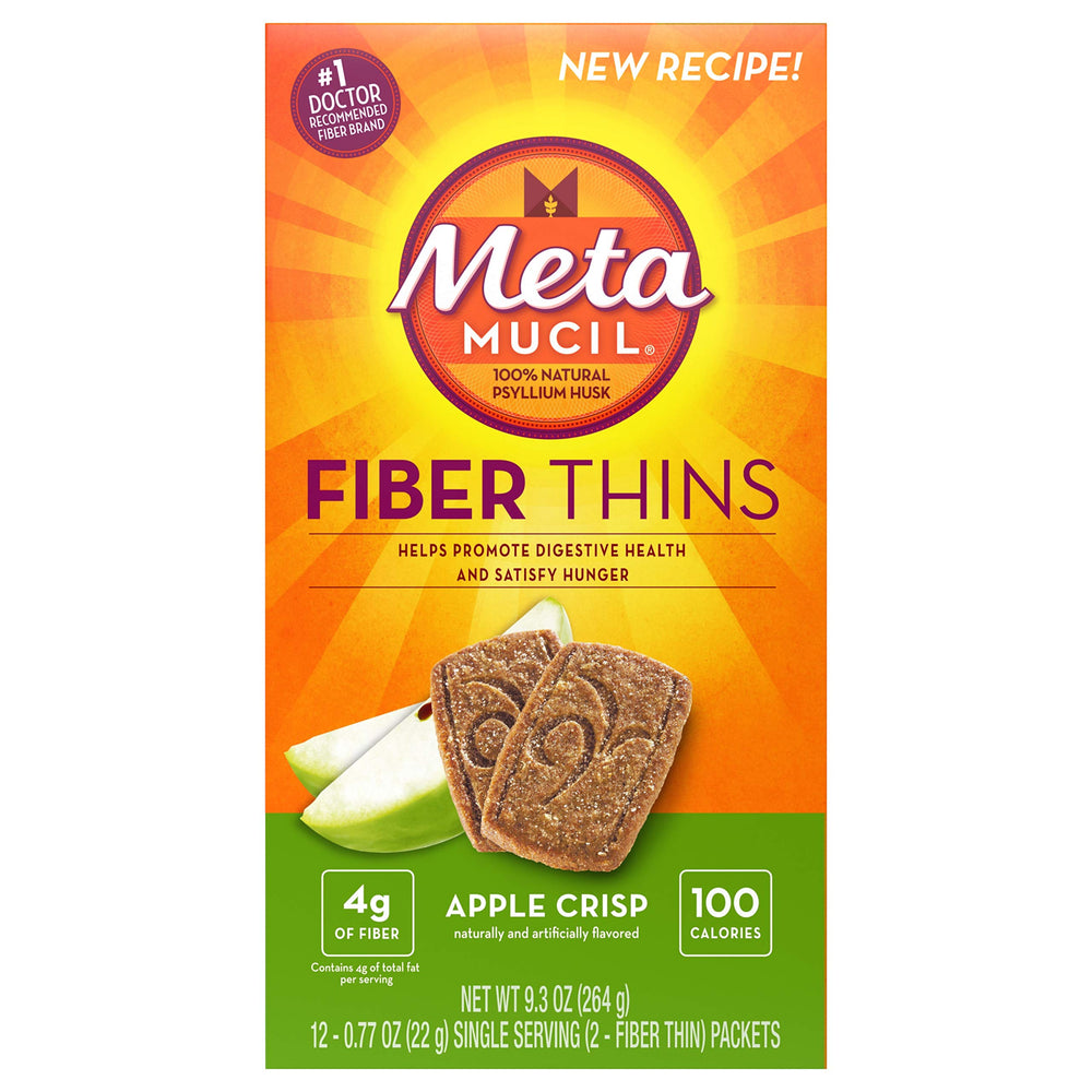 Metamucil Meta Apple Crisp wafers outer box, a convenient fiber snack option.