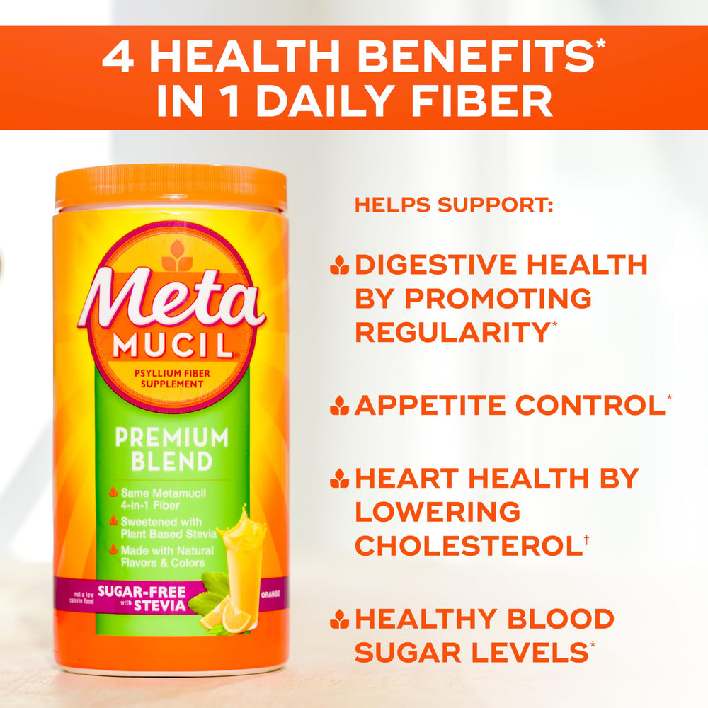 Scoop of psyllium husk fiber beside Metamucil Premium Blend for daily fiber.