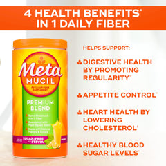 Scoop of psyllium husk fiber beside Metamucil Premium Blend for daily fiber.