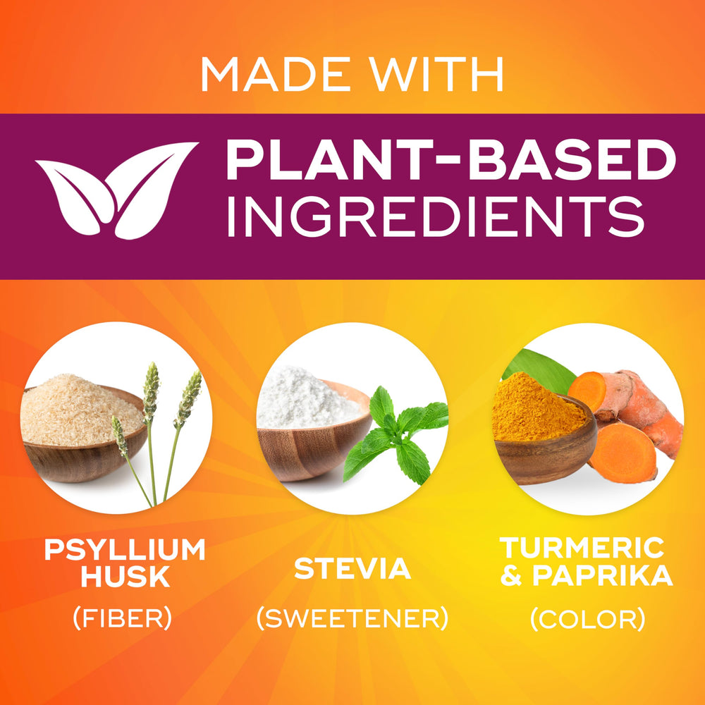 Stevia-sweetened orange Metamucil Premium Blend bottle for sugar-free flavor.