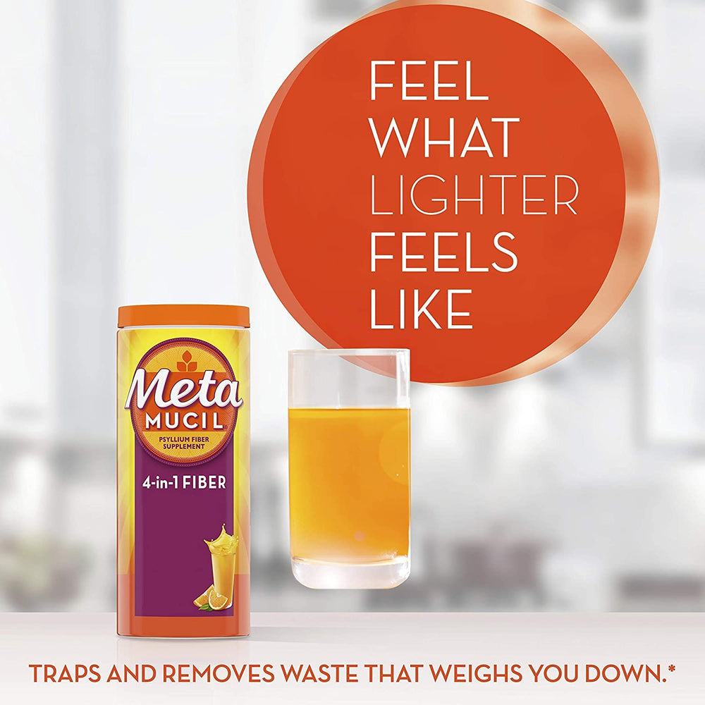 Metamucil psyllium plant-based fiber for digestion.