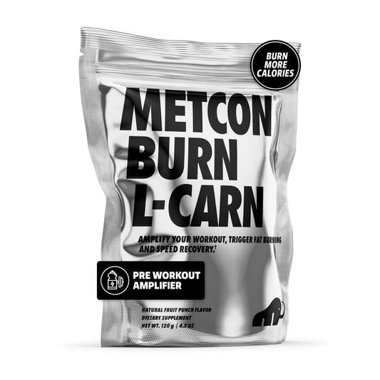 MetCon L-Carn Pre Burn bottle being poured for non-stimulant fat burn before workout