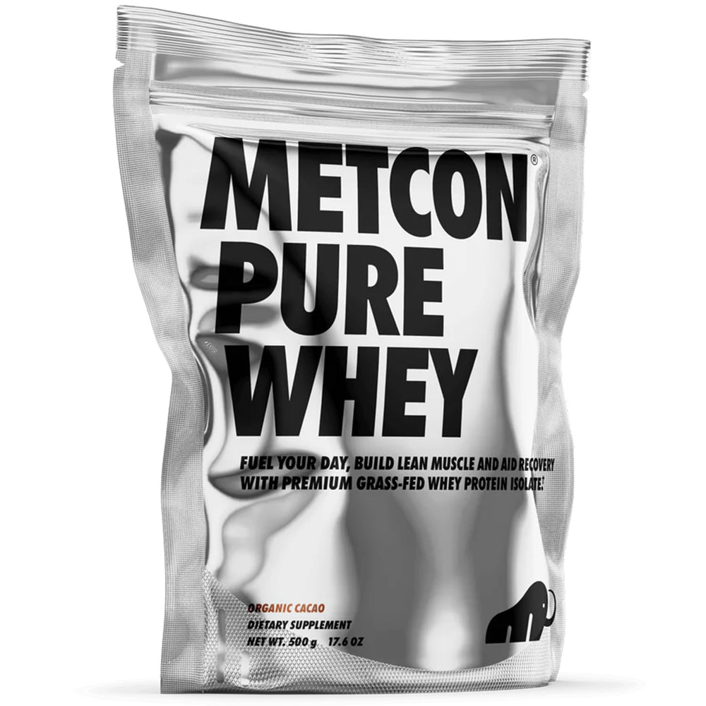 MetCon whey protein isolate 500g packaging shows clean grass-fed formula for workouts