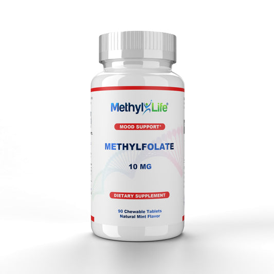 Methyl-Life L-Methylfolate 10 mg chewable tablet front view for daily use.