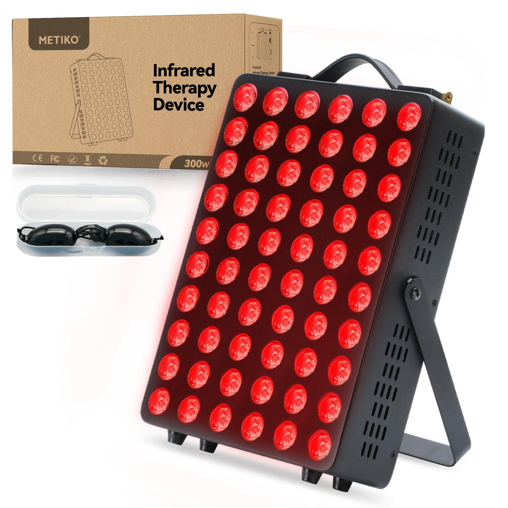 METIKO red-light therapy panel with stand for hands-free sessions.