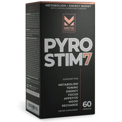 METISNutrition Pyro Stim 7 bottle front shows bold branding for energy and focus support