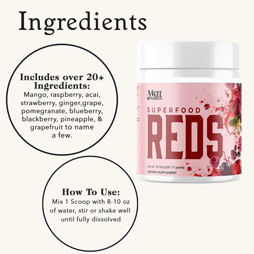 Mett Wellness Reds dissolves easily in water for a refreshing sip.