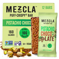 Mezcla puff-crispy pistachio chocolate bar package on shelf for quick snack buyers