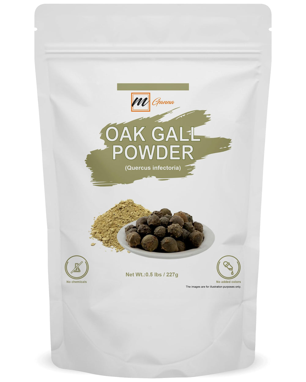 mGanna oak gall powder packaging highlights purity for natural crafts