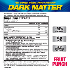 MHP Dark Matter label graphic emphasizes carb-protein matrix for recovery