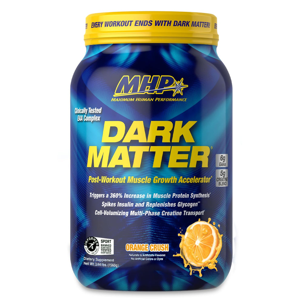 MHP Dark Matter tub-front label highlighting premium recovery formula.