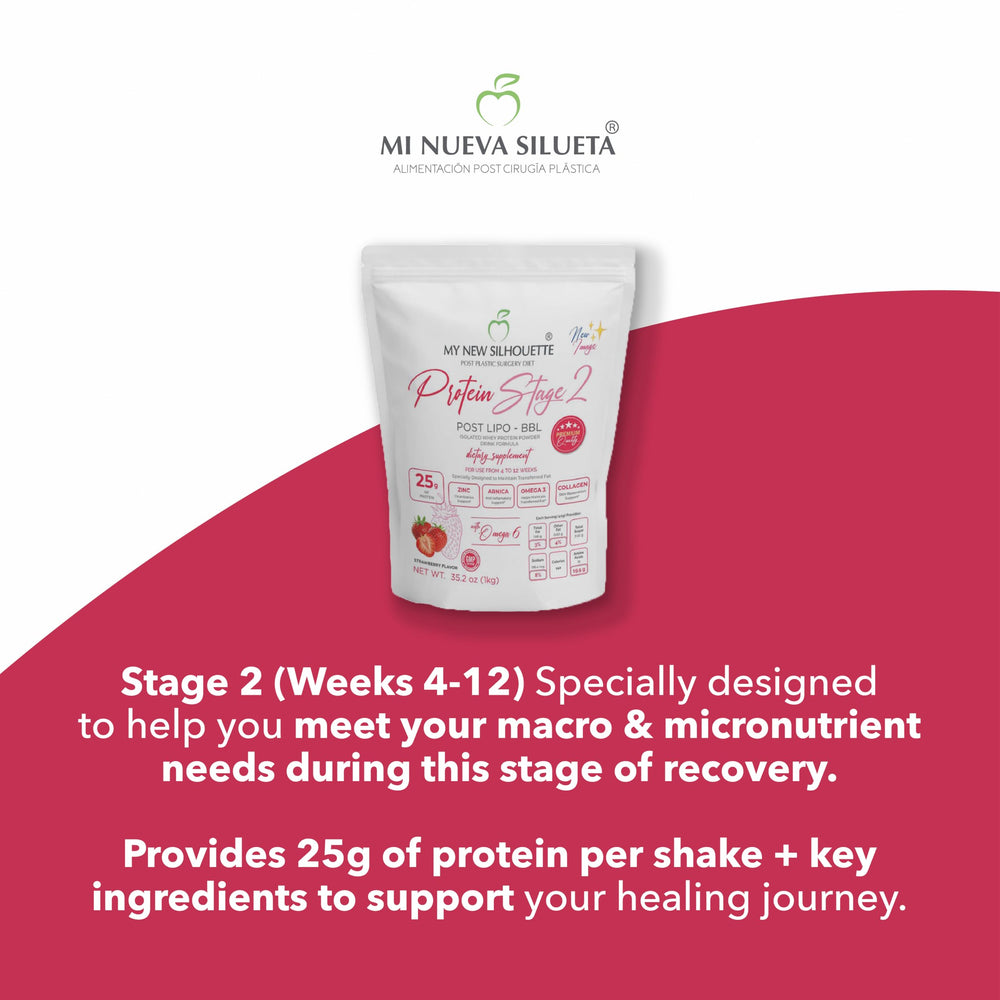 MI NUEVA SILUETA Strawberry label emphasizes 25 g protein per serving.