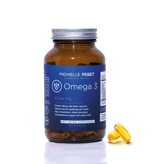 Michelle Peiret Omega3 bottle close-up with odorless softgels for daily wellness.