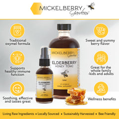 Mickelberry Gardens label close-up highlighting organic elderberry and honey for flavor and potency.