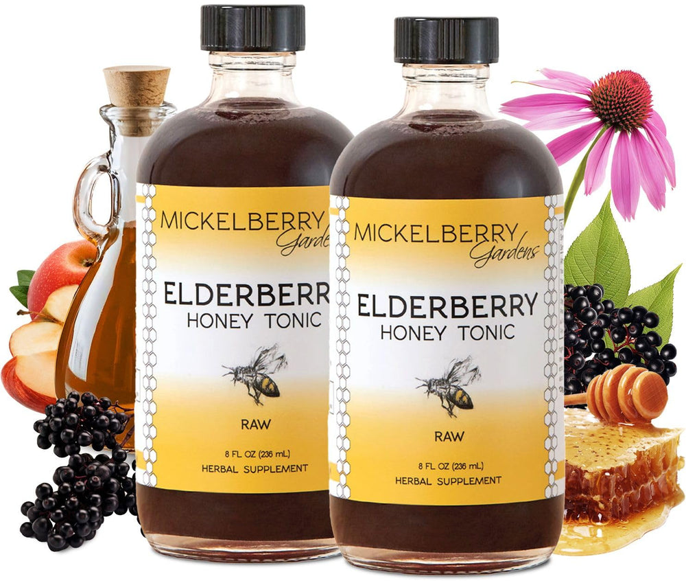 Mickelberry Gardens elderberry honey tonic bottle for daily immune support.