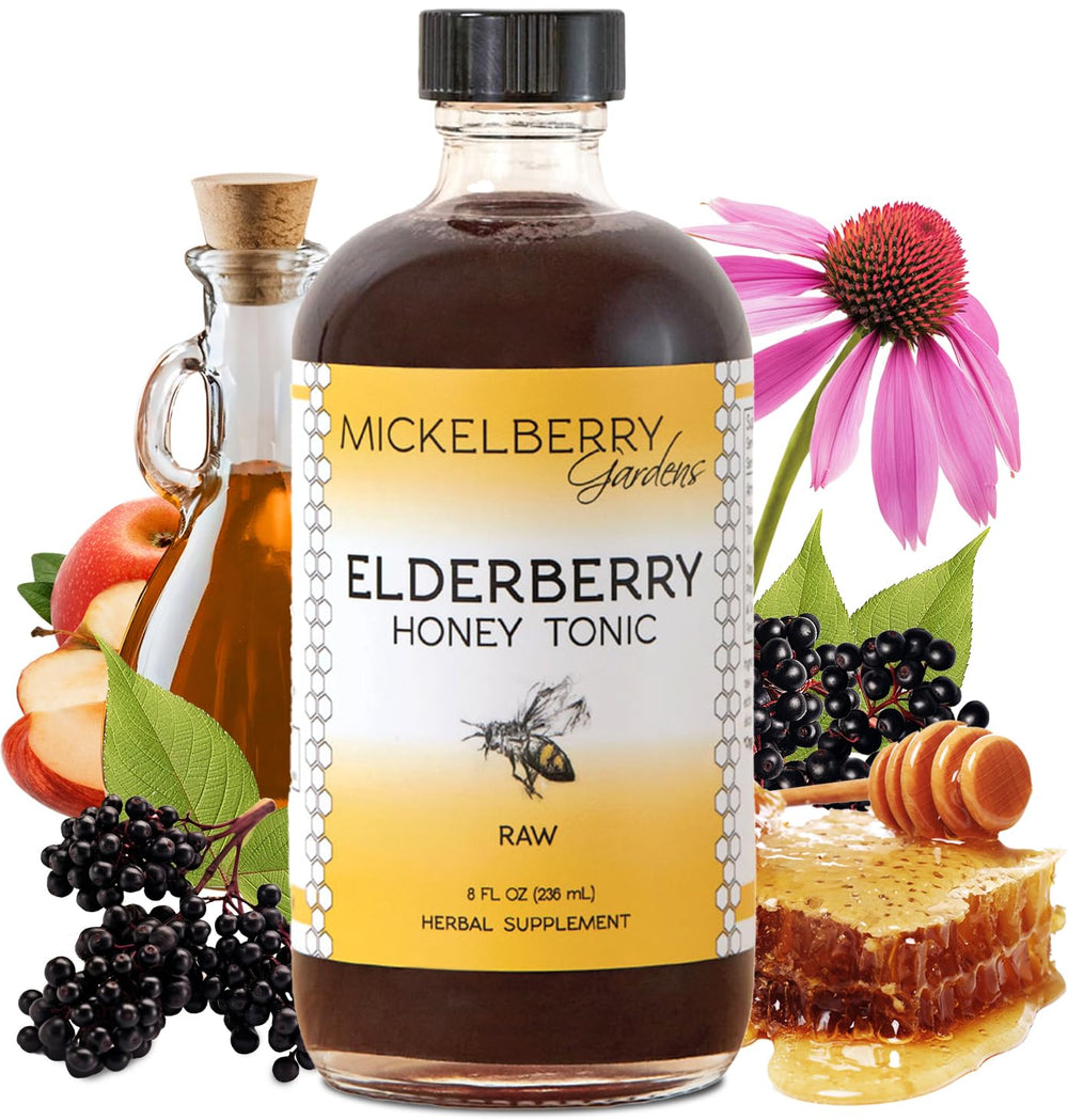 Mickelberry Gardens Elderberry Honey Tonic bottle shows natural ingredients for daily immune support.