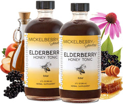 Mickelberry Gardens elderberry honey tonic bottle for daily immune support.