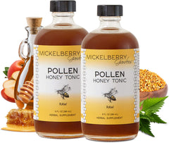 Mickelberry Gardens Pollen Honey Tonic bottle front showing organic ingredients for respiratory comfort