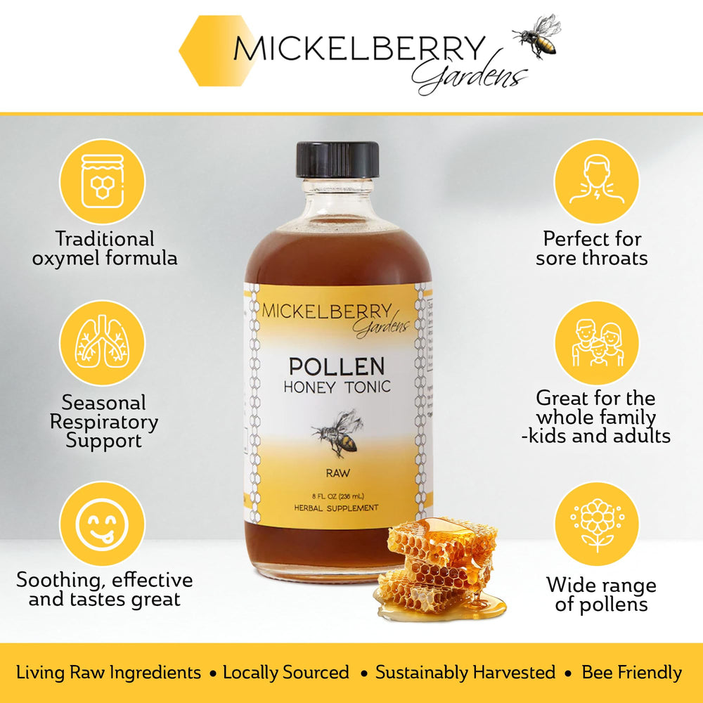 Mickelberry Gardens Pollen Honey Tonic bottle top with label detailing gluten-free assurance