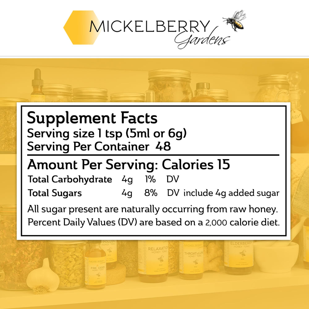Mickelberry Gardens Pollen Honey Tonic on the kitchen counter for convenient daily wellness.