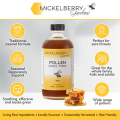 Mickelberry Gardens Pollen Honey Tonic label closeup highlighting organic ingredients.