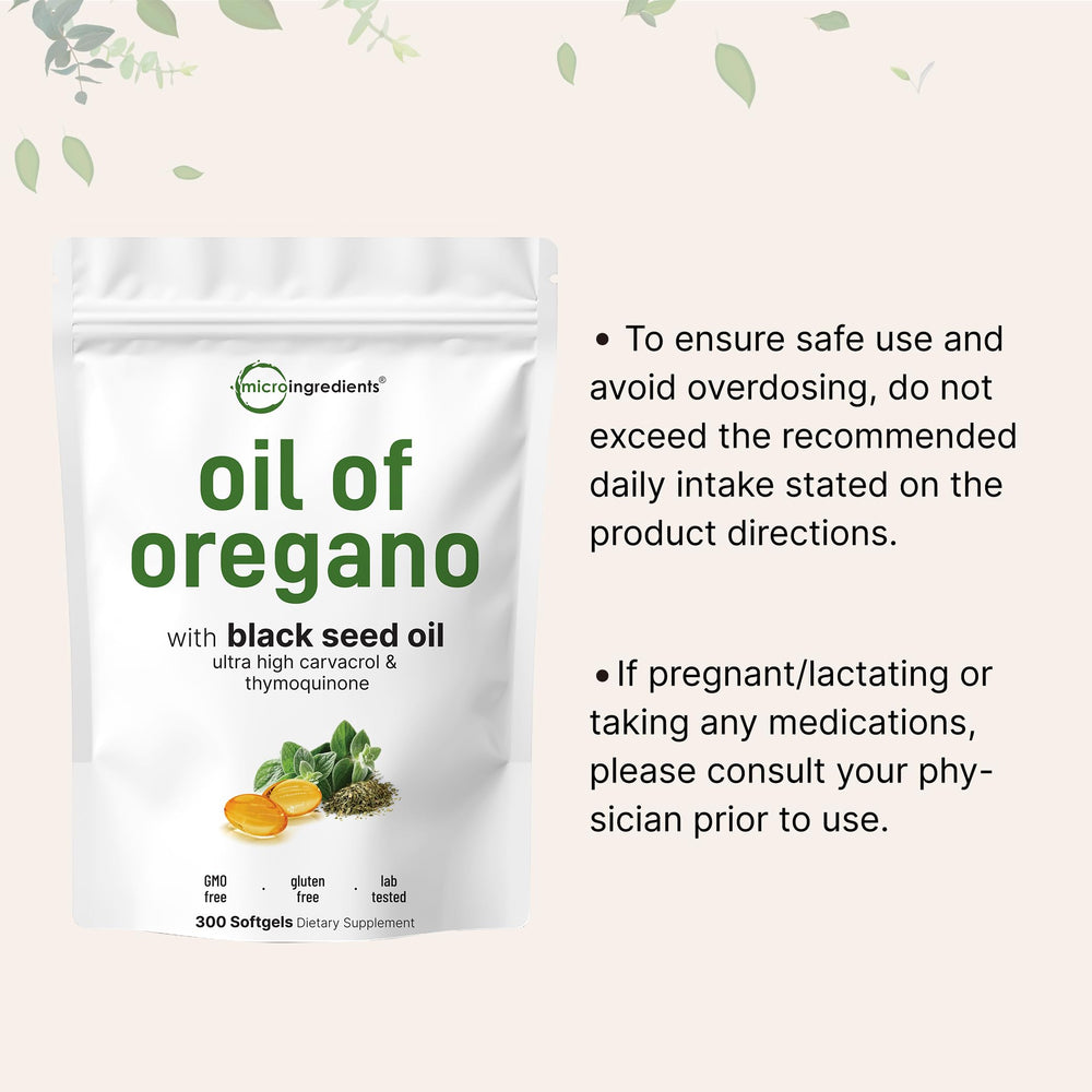 Micro Ingredients 2-in-1 formulation label emphasizing carvacrol and thymoquinone.