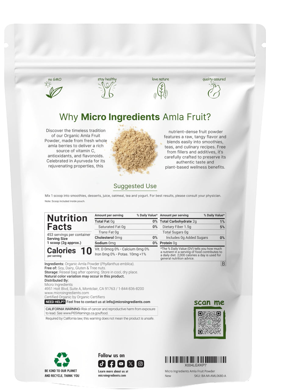 Close-up of Micro Ingredients amla powder pouch, antioxidant-rich for yogurt or smoothies.