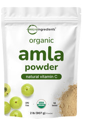 Micro Ingredients amla powder bottle on counter, vitamin C rich daily supplement.