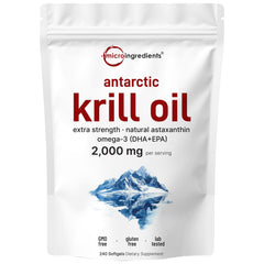 Micro Ingredients Antarctic Krill Oil bottle highlighting premium omega-3 softgels for daily support.