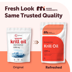 Close-up of Micro Ingredients Antarctic Krill Oil softgels, easy to swallow capsules.
