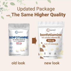 Micro Ingredients Benfotiamine softgels 600mg serving label indicates potent energy-support dose.