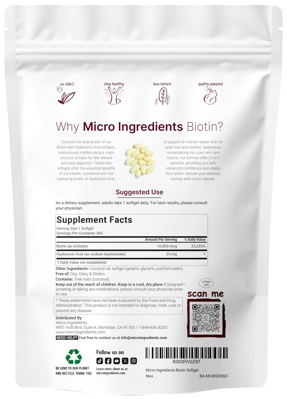 Micro Ingredients Biotin Hyaluronic Acid softgels label close-up highlighting premium ingredients