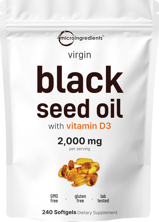 Micro Ingredients black seed oil with vitamin d3 bottle close-up for daily wellness