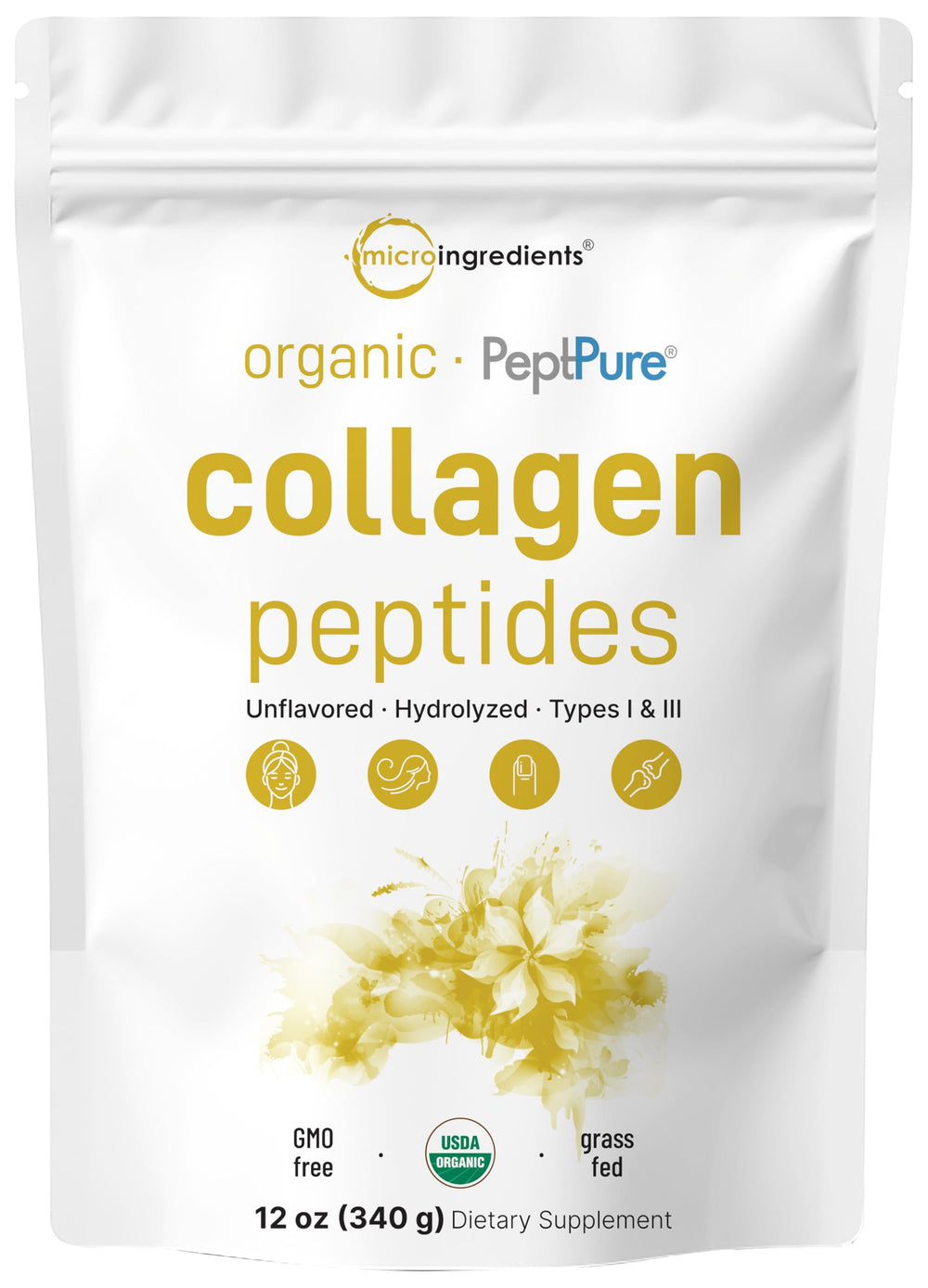 Micro Ingredients collagen peptides powder bottle shown for easy daily supplementation