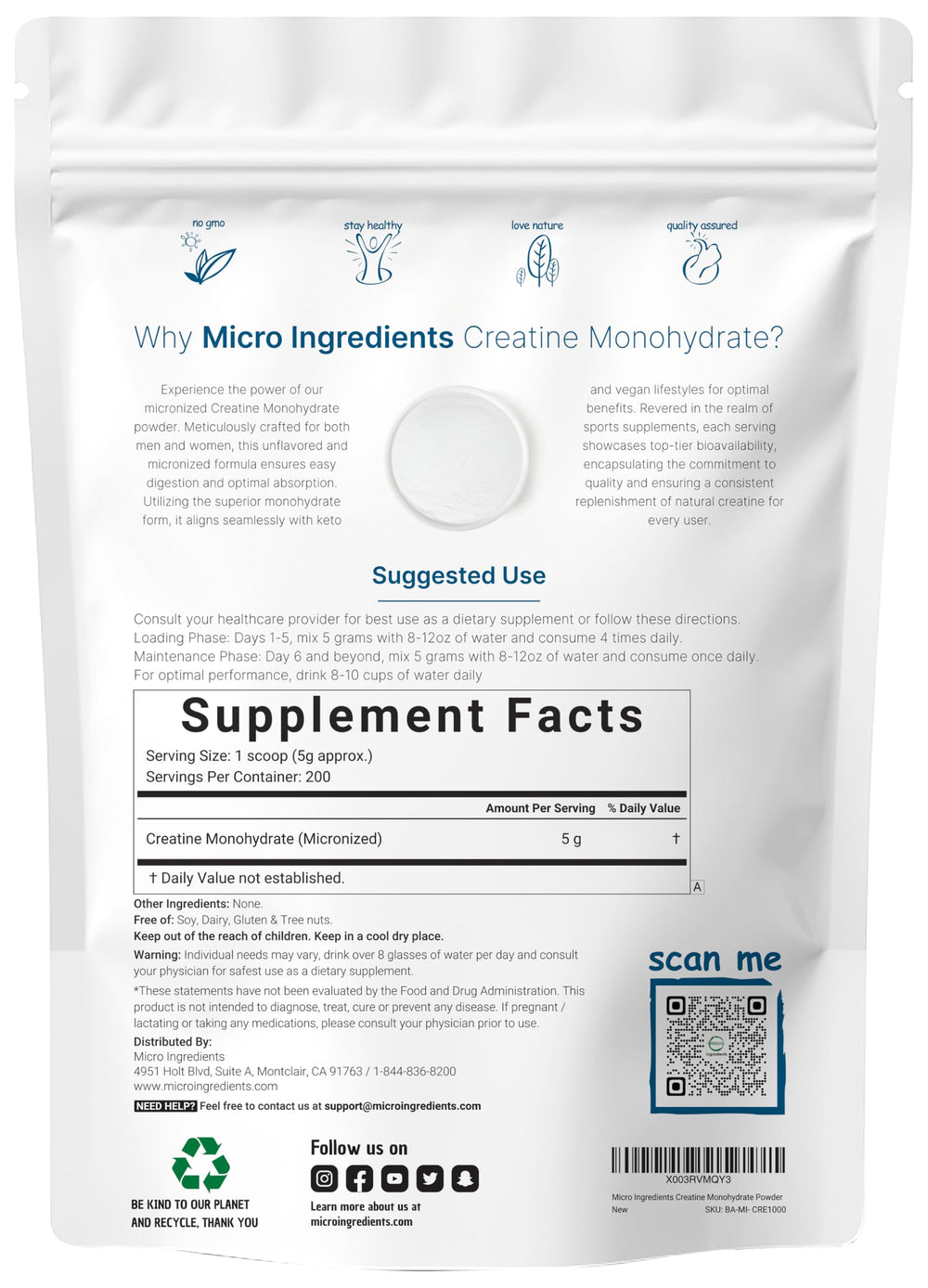 Scoop showing a 5g serving of Micro Ingredients Creatine Monohydrate Powder.
