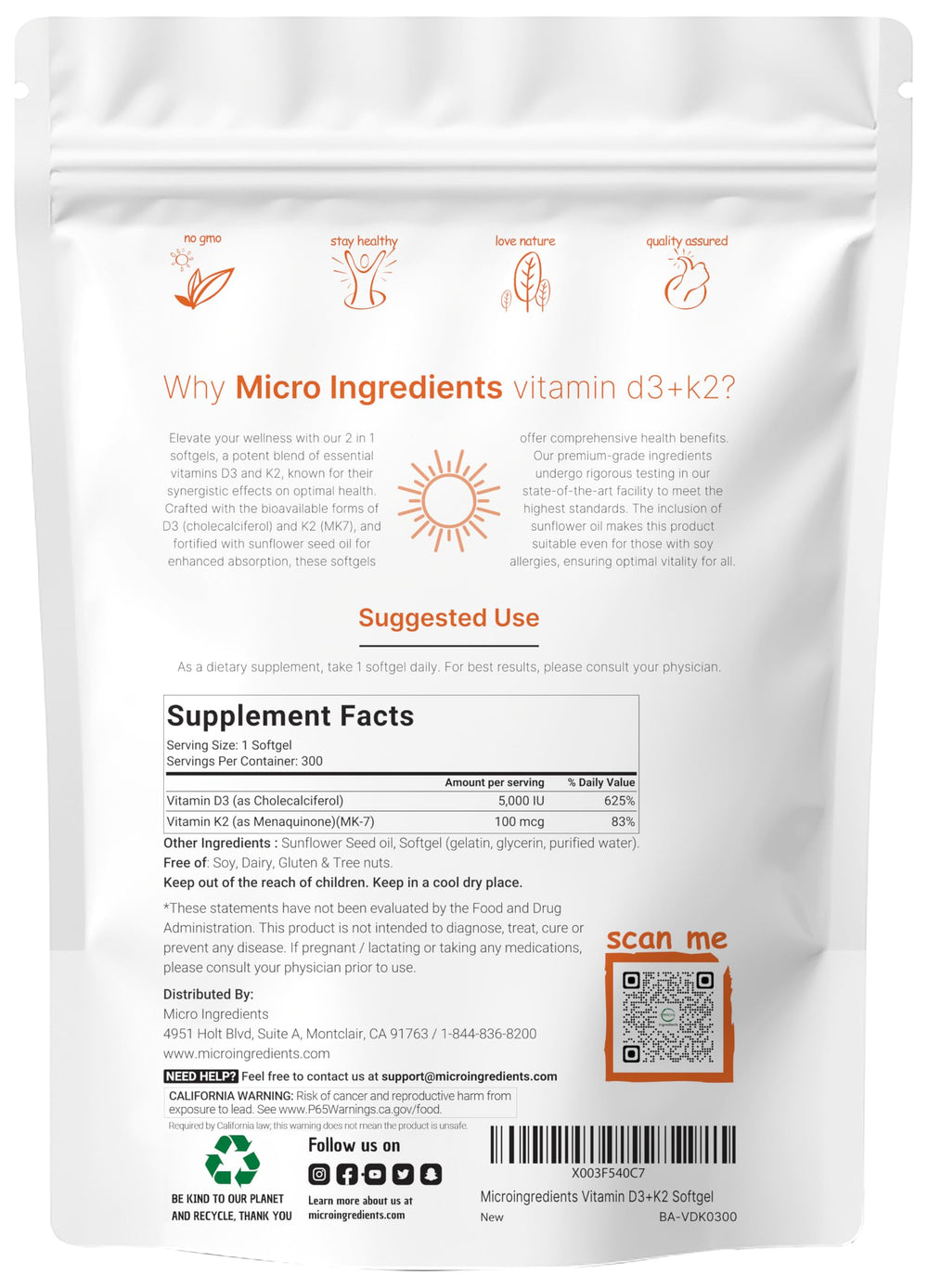 Micro Ingredients D3 K2 300 softgels bottle highlighting a two-in-one complex