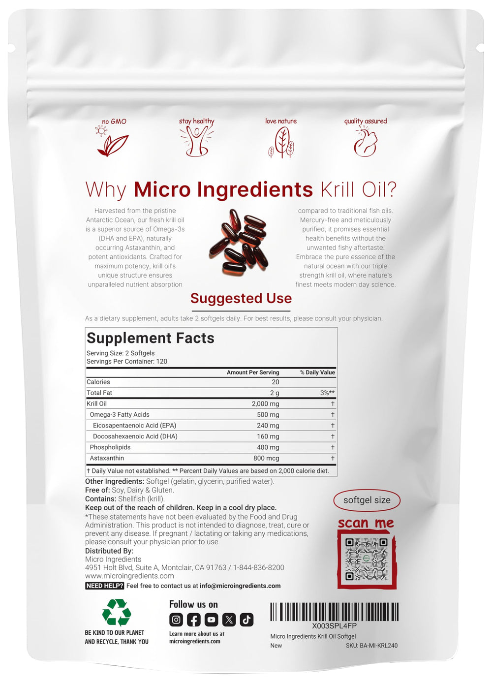Micro Ingredients krill oil softgels show a 2000 mg serving size for convenient daily use.