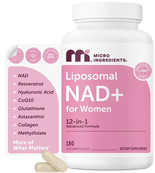 Micro Ingredients Liposomal NAD+ for Women bottle shows a complete 12-in-1 blend for daily wellness