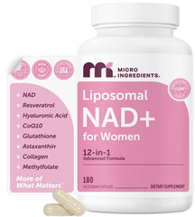 Micro Ingredients Liposomal NAD+ for Women bottle shows a complete 12-in-1 blend for daily wellness