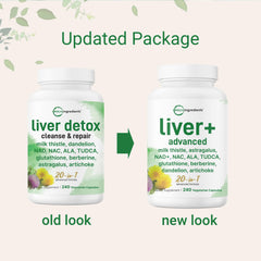Liver Advanced+ bottle on table highlighting non-GMO and gluten-free formulation