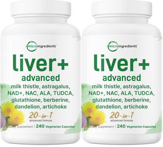 Micro Ingredients Liver Advanced+ bottle front view showing the 20-in-1 formula for potential liver support