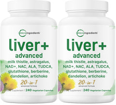 Micro Ingredients Liver Advanced+ bottle front view showing the 20-in-1 formula for potential liver support