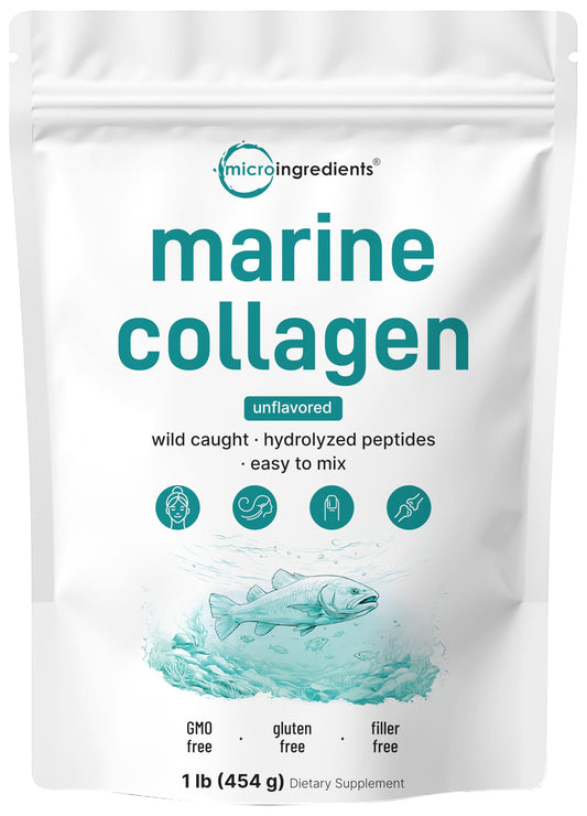 Micro Ingredients Marine Collagen Peptides powder bottle on kitchen counter supports daily beauty routine.