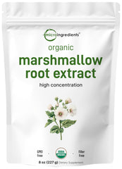 Micro Ingredients marshmallow root powder container shows filler-free, organic quality.
