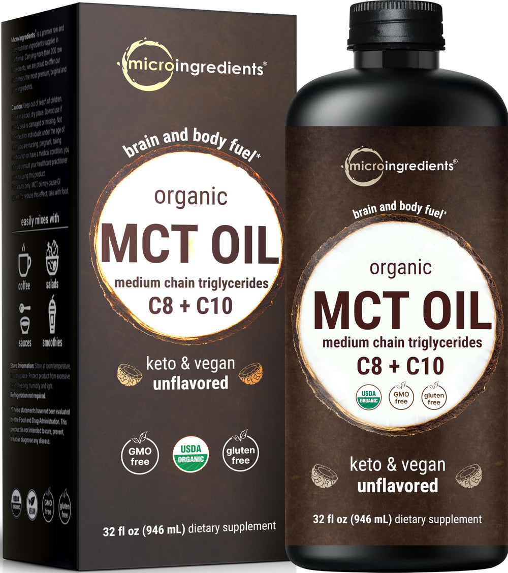 Micro Ingredients MCT Oil bottle on counter for quick, keto-friendly use.