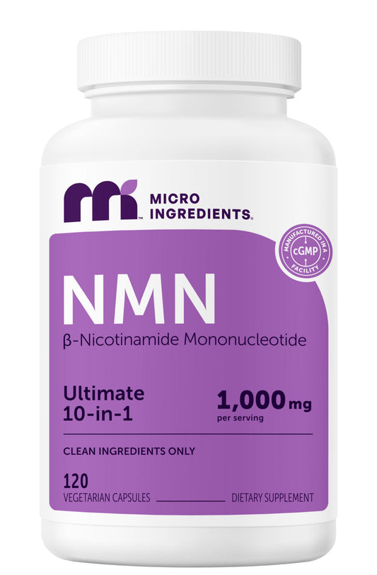 Micro Ingredients NMN Complex bottle front with 120 vegan capsules for daily NAD+ precursor support.