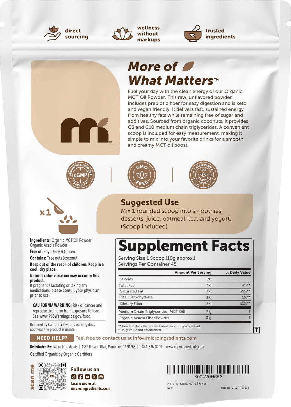 Micro Ingredients Organic MCT Powder coconut-derived fat source for energy