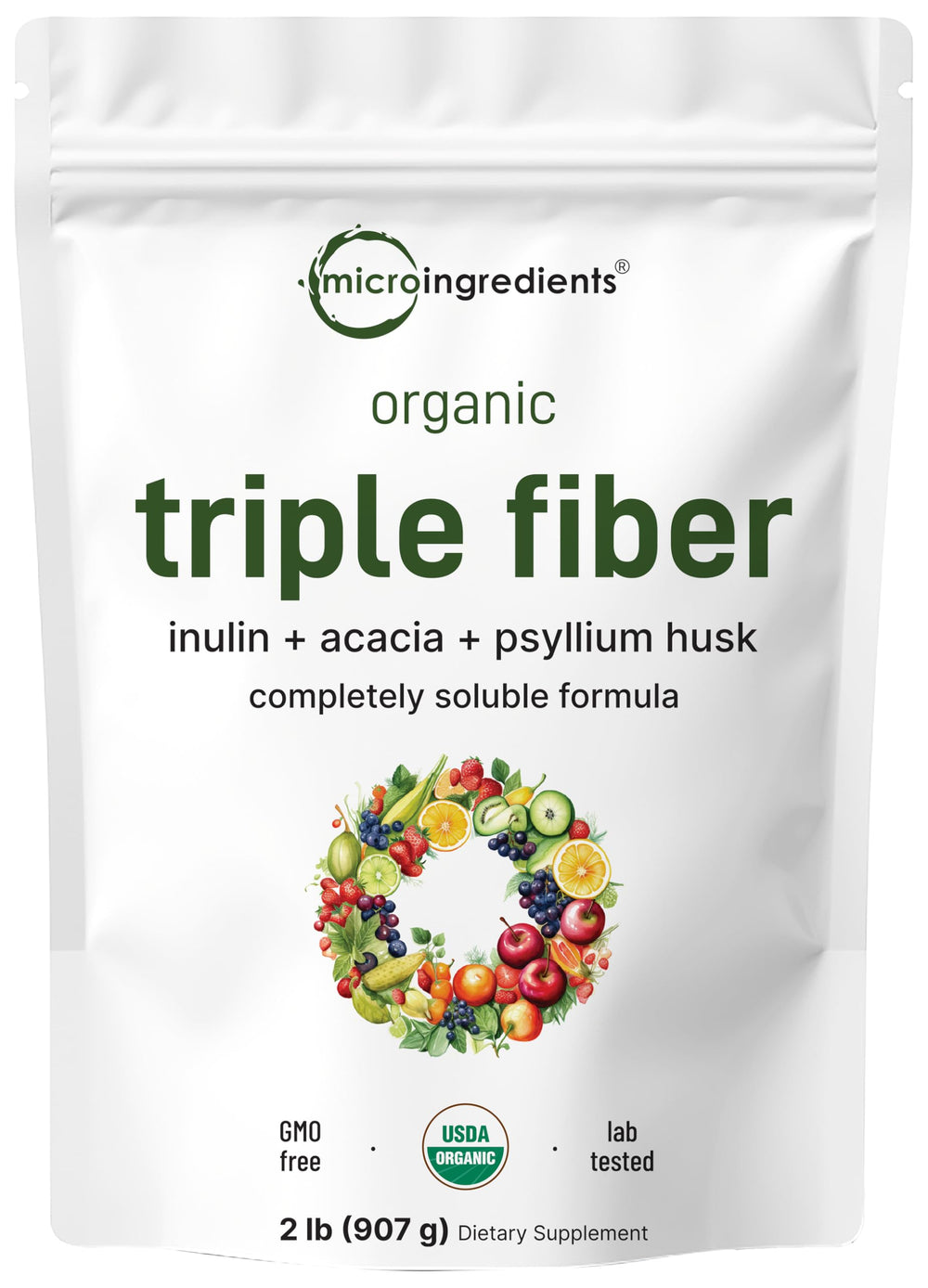 Micro Ingredients Organic Triple Fiber Powder bottle showing a vegan, plant-based fiber supplement for daily use