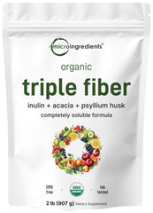 Micro Ingredients Organic Triple Fiber Powder bottle showing a vegan, plant-based fiber supplement for daily use
