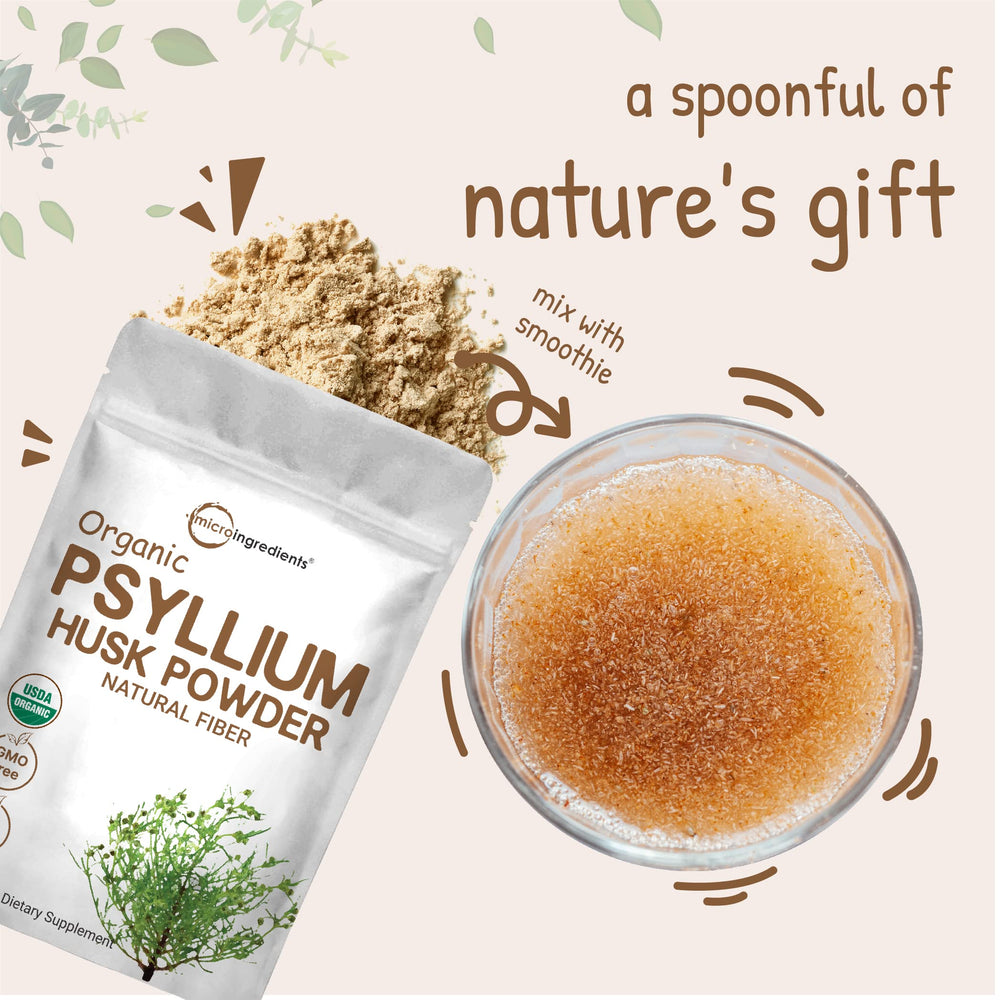 Micro Ingredients packaging of psyllium husk powder showing organic and vegan notes